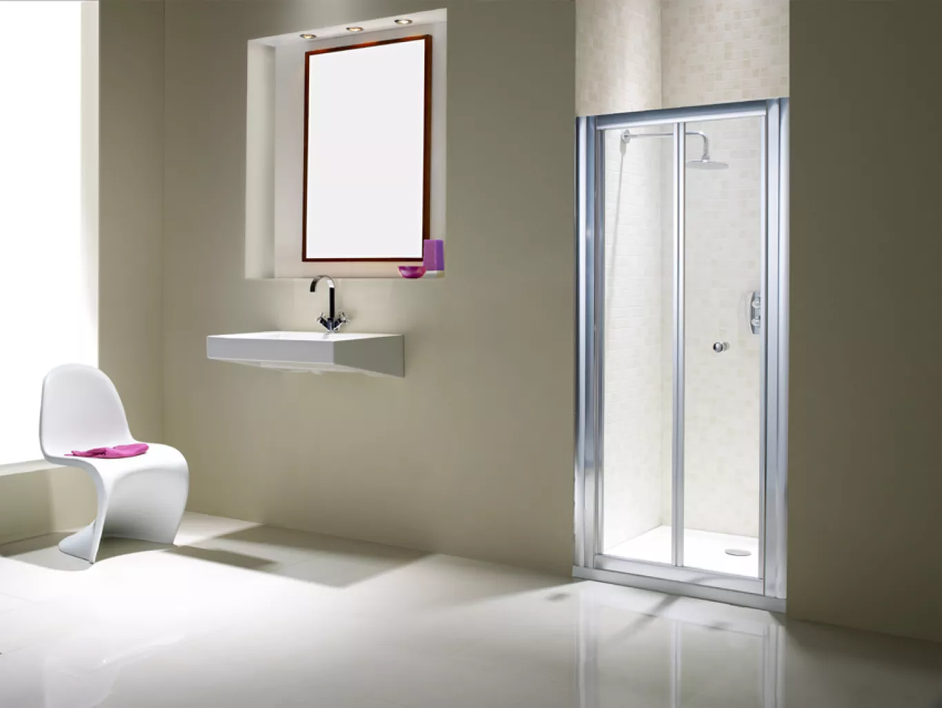The retro-style Omega Bifold Alcovea Shower Door from Flair Showers' 2000s collection